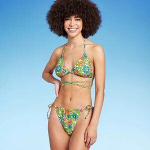 Wild Fable Floral Print Bikini Set NWT Triangle Wrap Top & Tie Bottoms XS/S